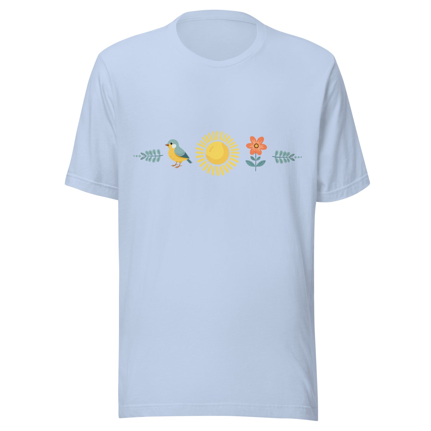 Baby blue unisex t-shirt with a sun in the middle with a bird on one side and a flower on the other.