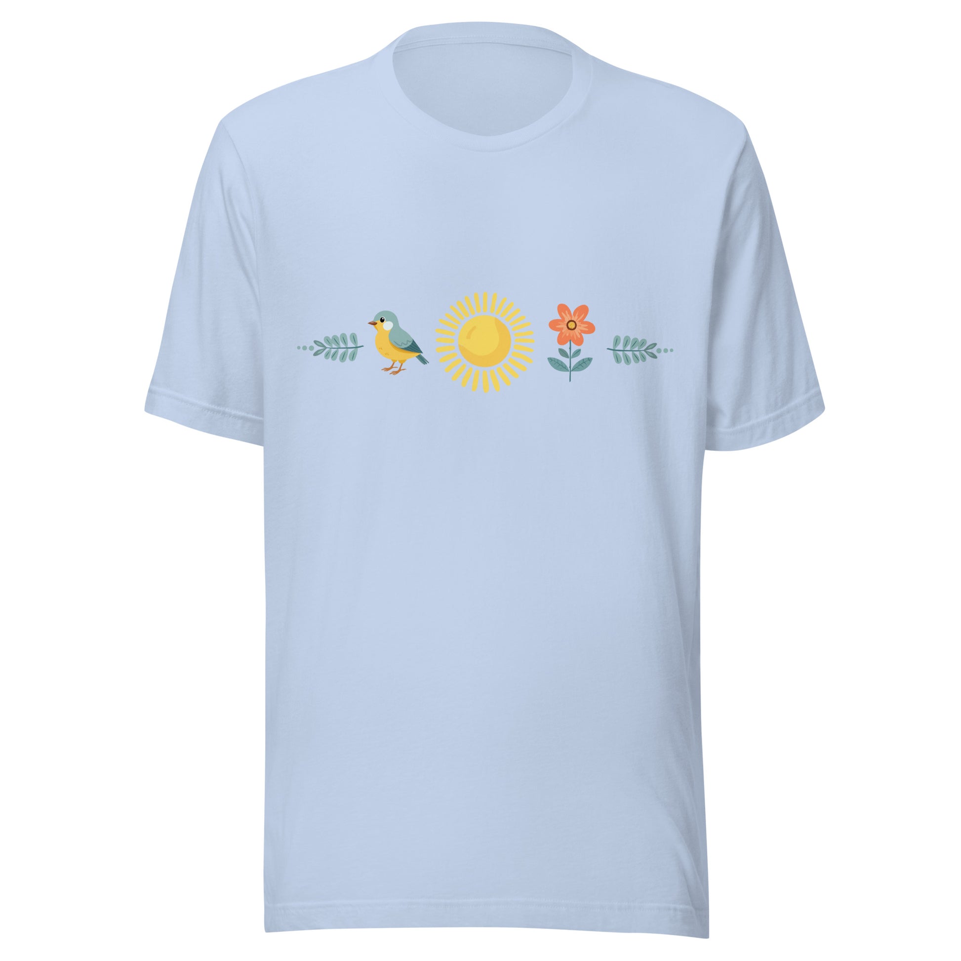 Baby blue unisex t-shirt with a sun in the middle with a bird on one side and a flower on the other.