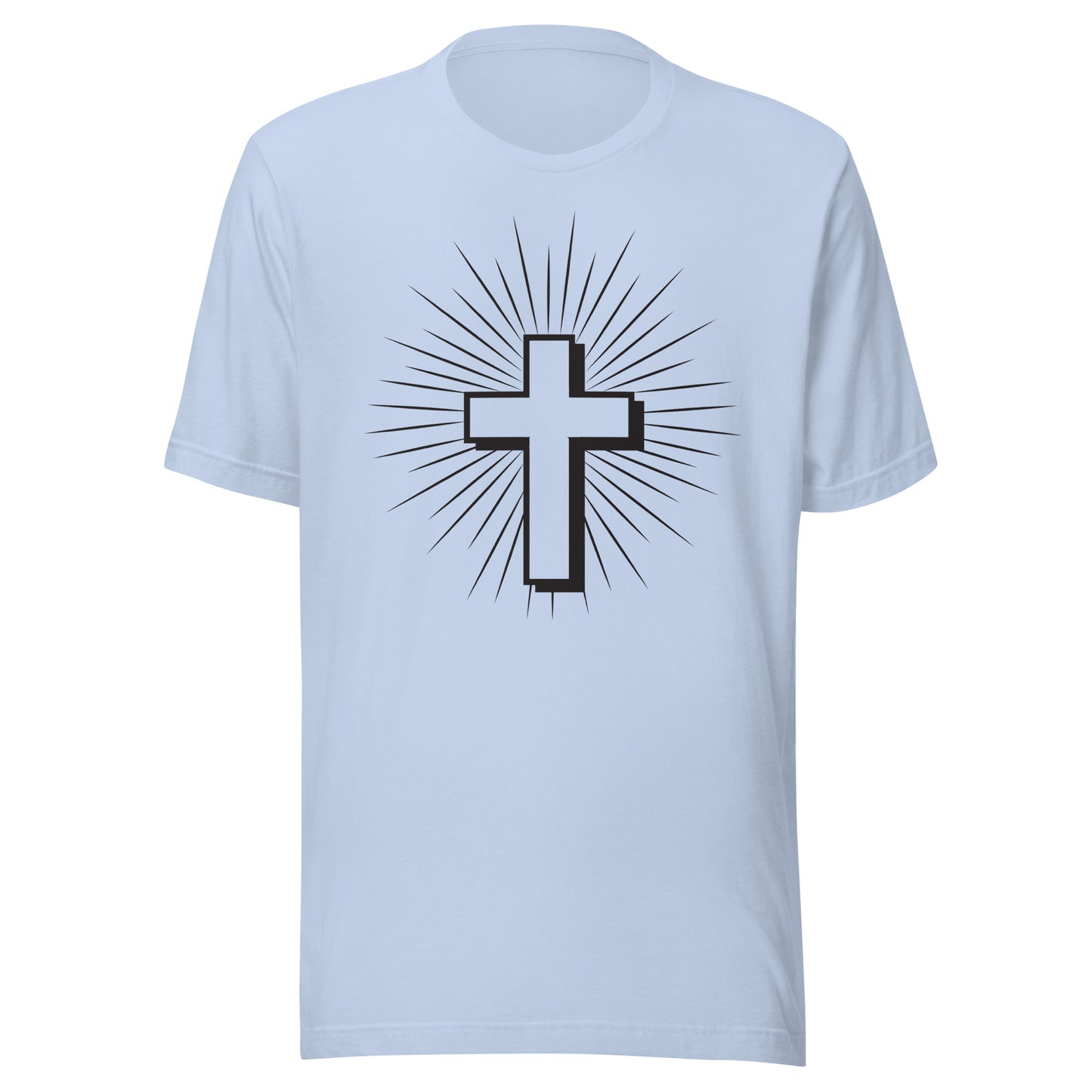 Christian Cross with Sun Rays on a short sleeve baby blue Unisex T-Shirt.