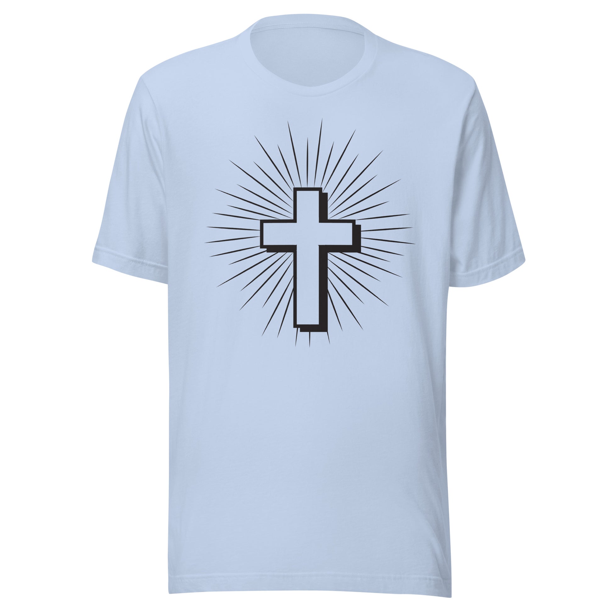 Christian Cross with Sun Rays on a short sleeve baby blue Unisex T-Shirt.