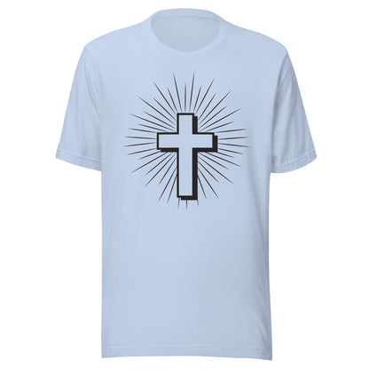 Christian Cross with Sun Rays on a short sleeve baby blue Unisex T-Shirt.