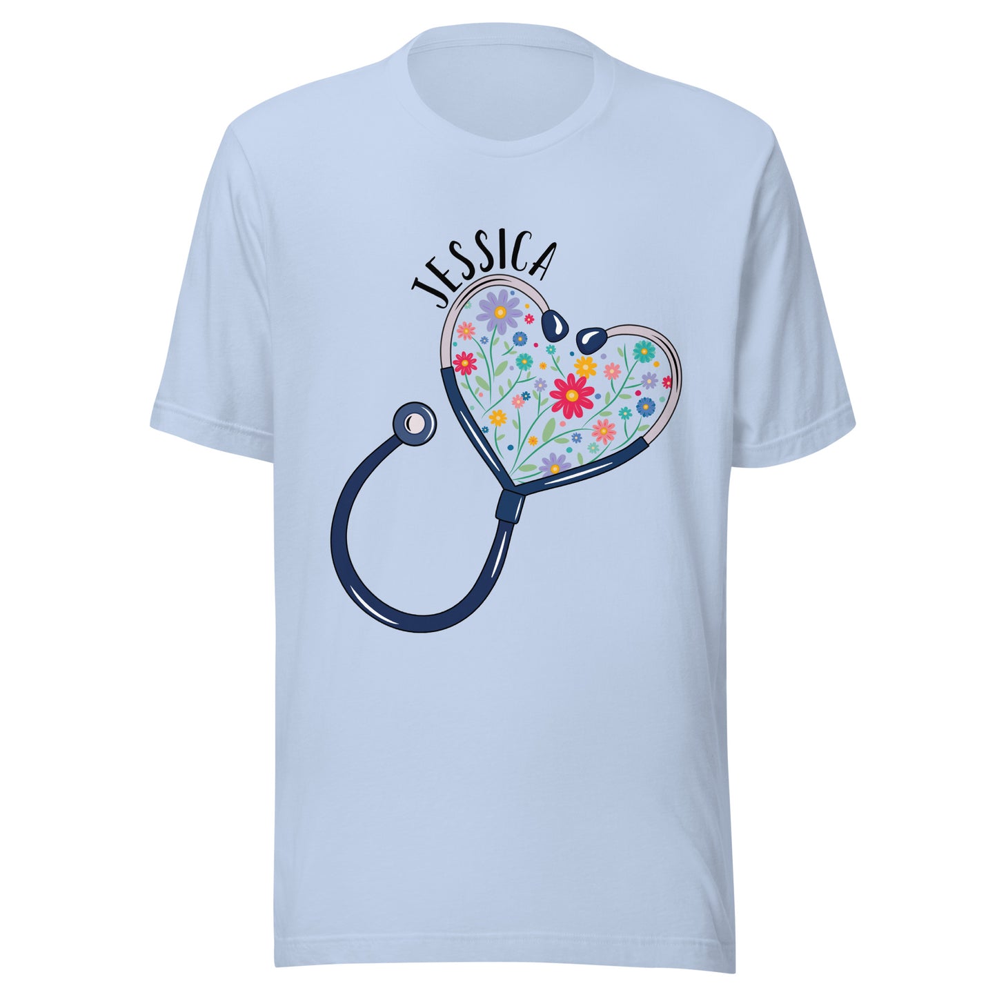 Product mockupUnisex light blue short sleeve t-shirt with a stethoscope in the shape of a heart with multi-colored flowers inside and personalized with a name hugging the top of the heart shape. 