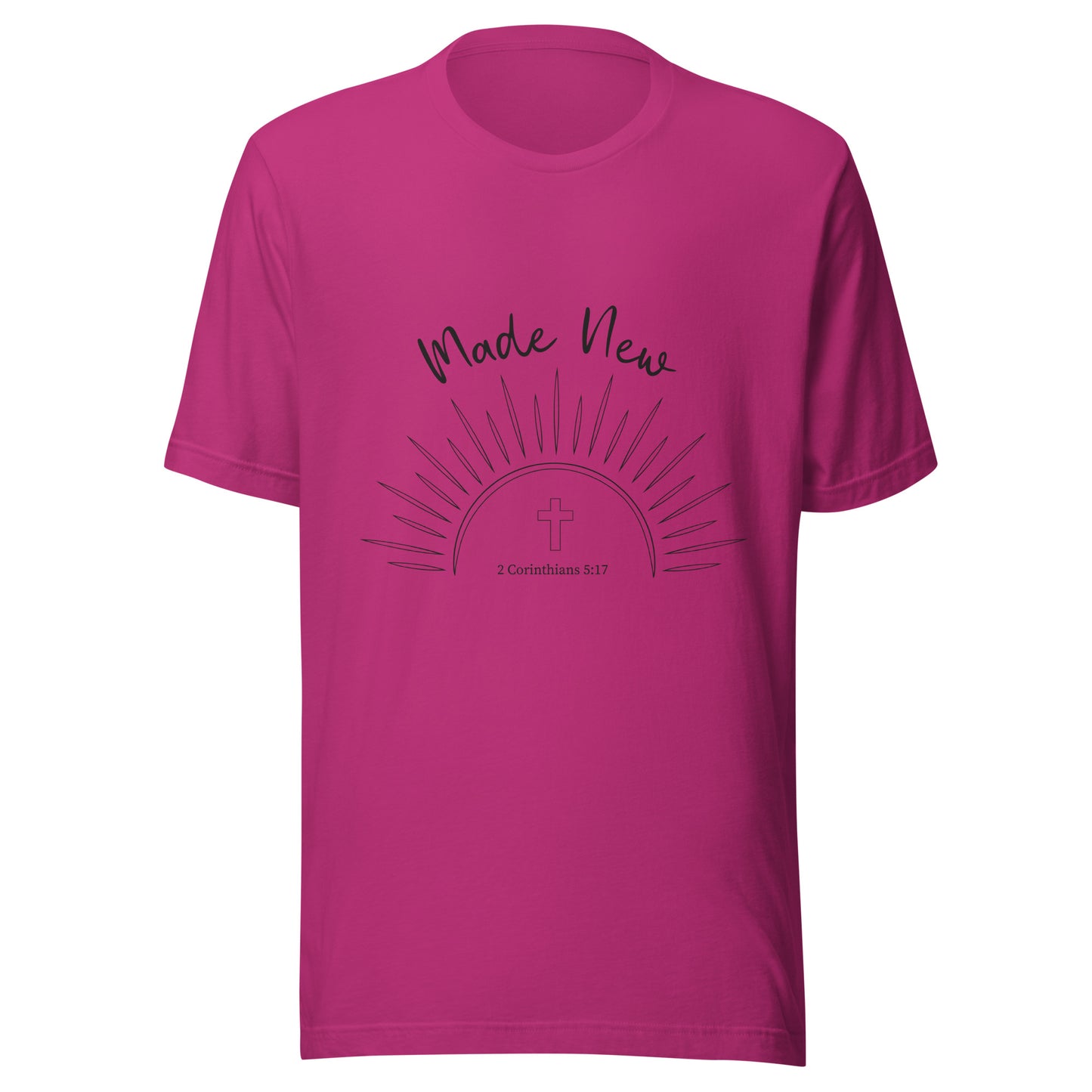 Berry short sleeve unisex t-shirt with a Sun and rays below the words 'Made New' and inside the sun is a cross and 2 Corinthians 5:17.