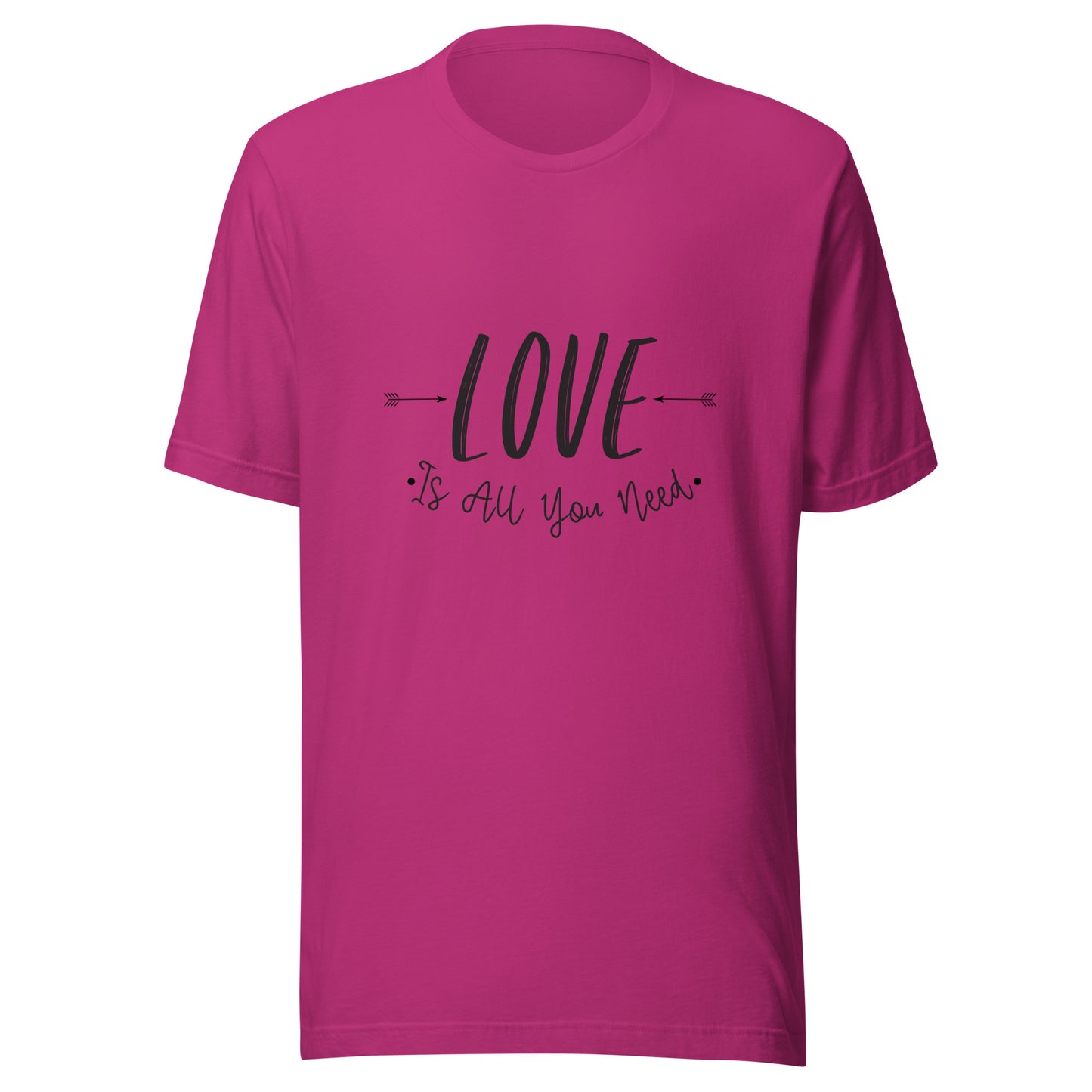Berry unisex t-shirt that says 'Love is all you need' with two arrows pointing at the word love. 