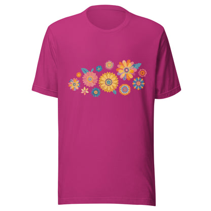 Berry short sleeve unisex t-shirt with groovy retro flowers tossed on the front. 