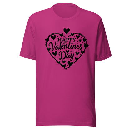 short sleeve t-shirt that says Happy Valentine's Day inside a heart. 