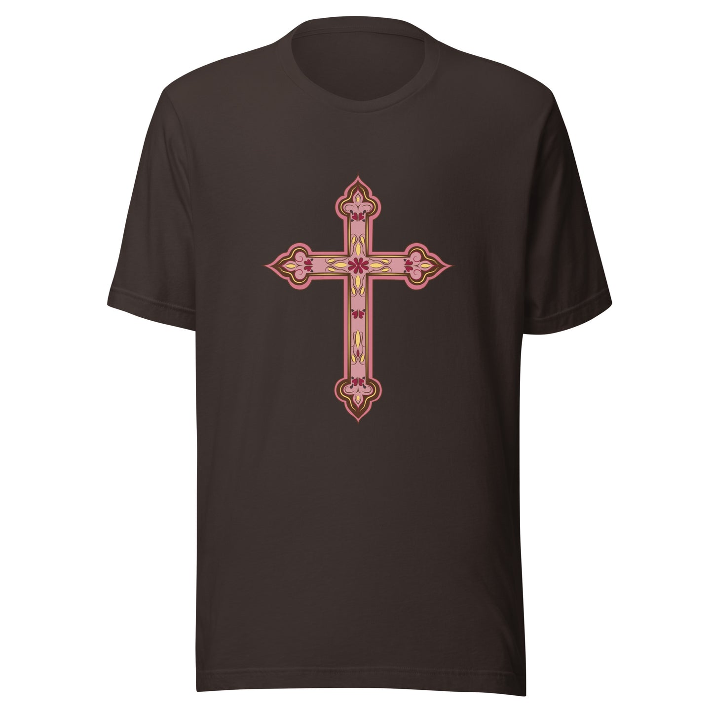 Brown short sleeve unisex tee ornately decorated colored Christian Cross. 