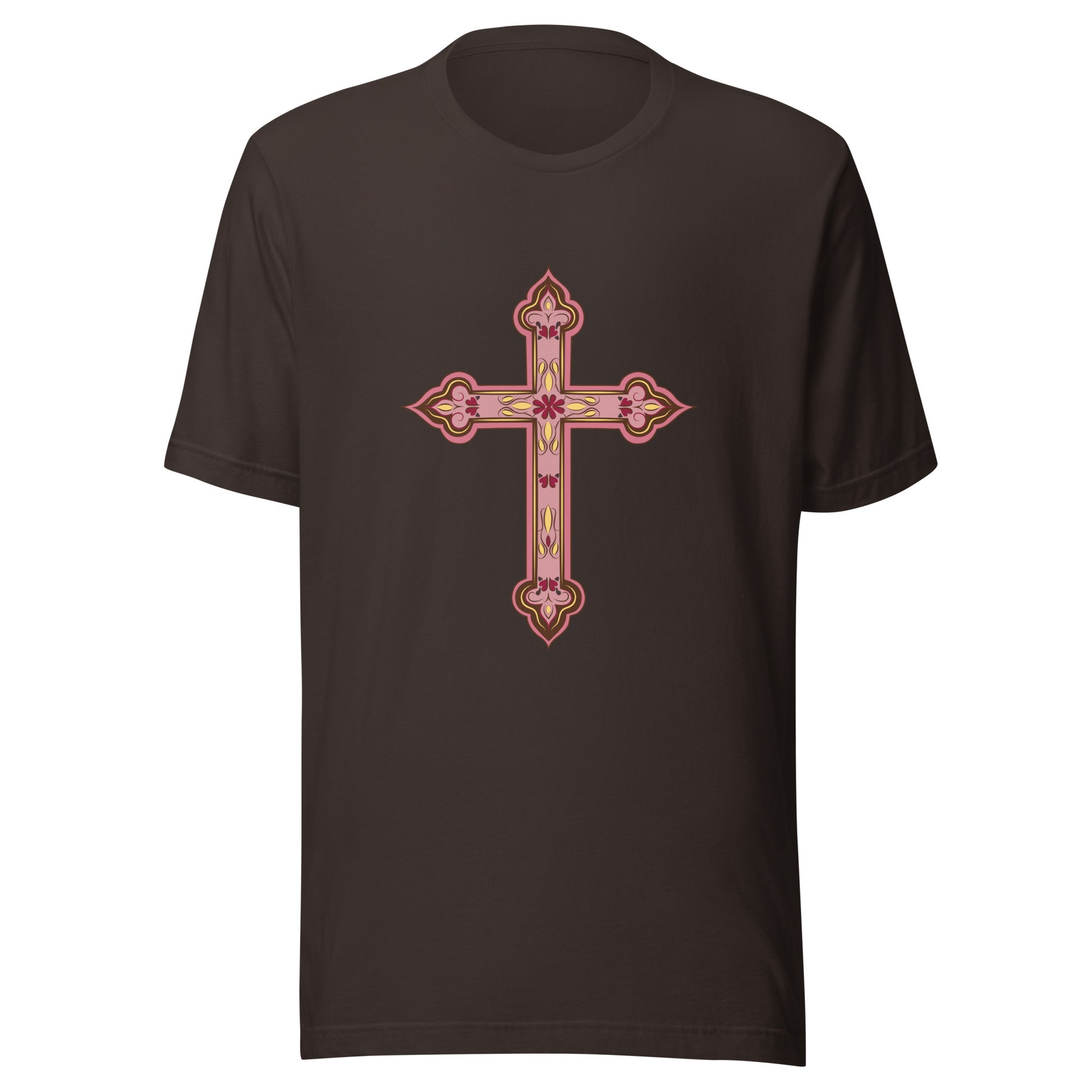 Brown short sleeve unisex tee ornately decorated colored Christian Cross. 
