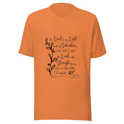 Burnt orange unisex short sleeve t-shirt with Psalm 27:1 scripture with a vine up one side of the words.