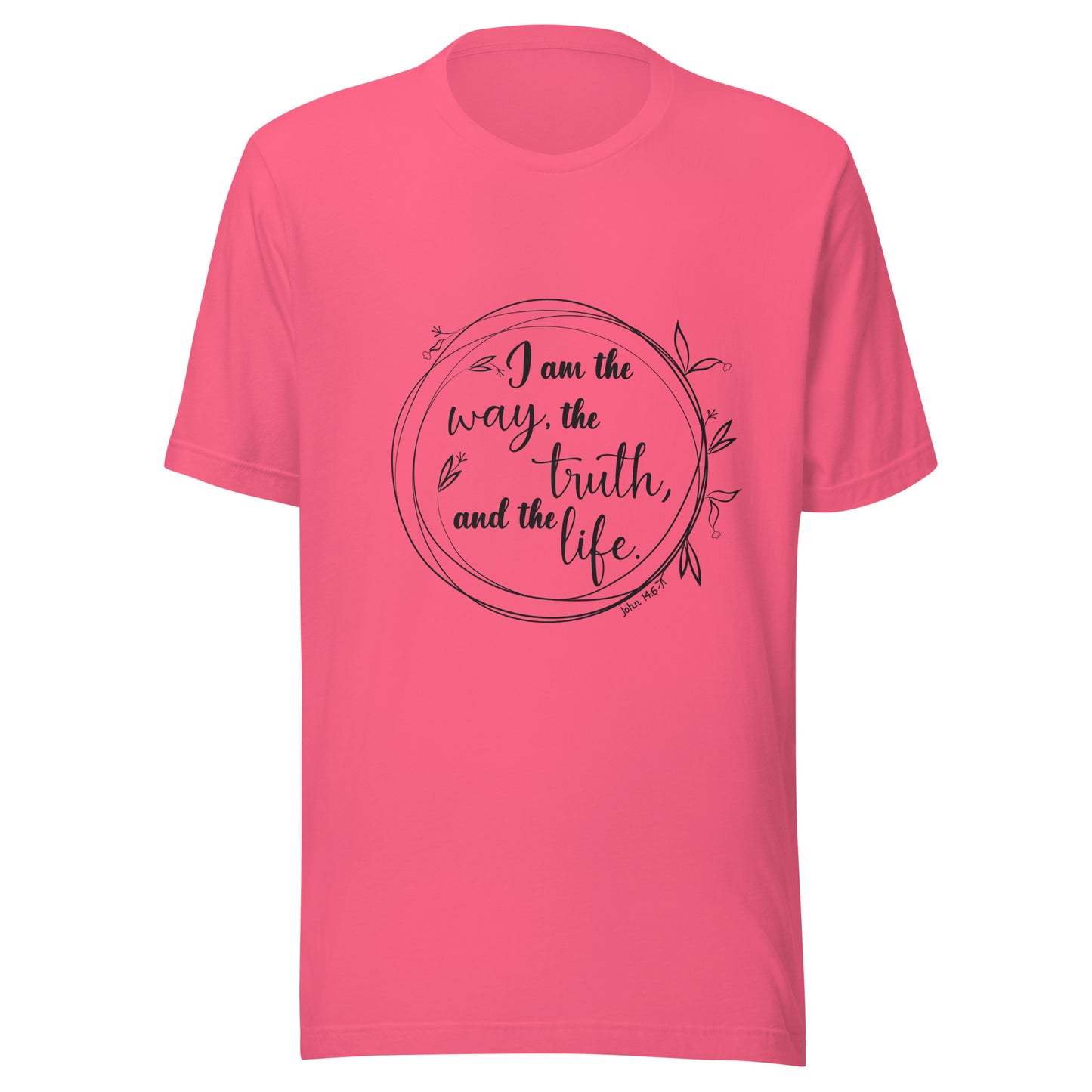 Bright pink unisex short sleeve t-shirt with John 14:6 scripture written in a viney circle.