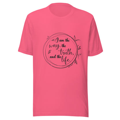 Bright pink unisex short sleeve t-shirt with John 14:6 scripture written in a viney circle.