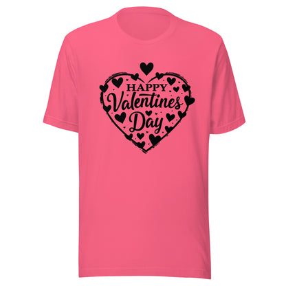 short sleeve t-shirt that says Happy Valentine's Day inside a heart. 