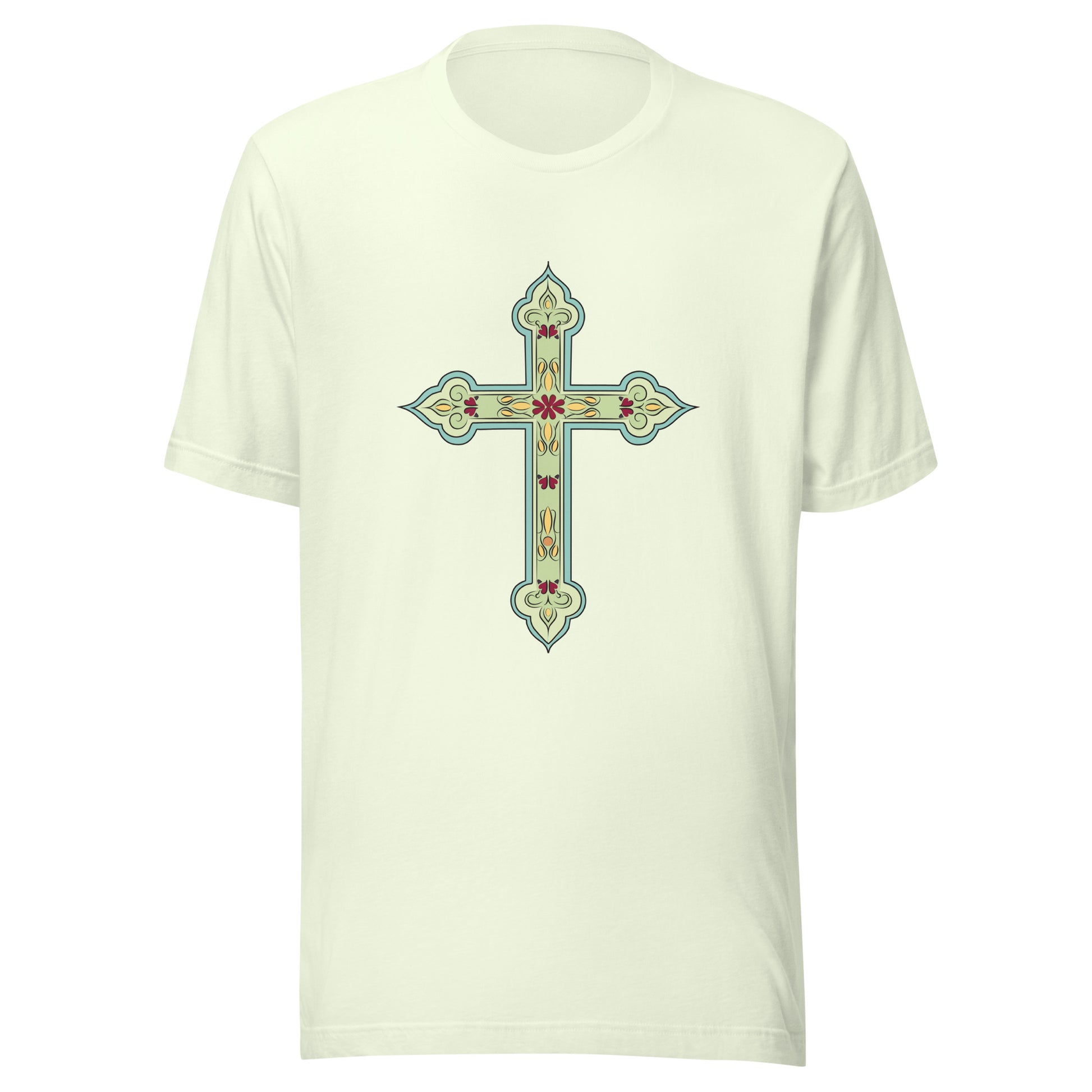 Citron short sleeve unisex tee ornately decorated colored Christian Cross. 