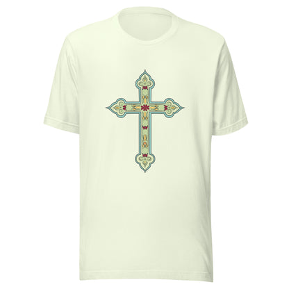 Citron short sleeve unisex tee ornately decorated colored Christian Cross. 