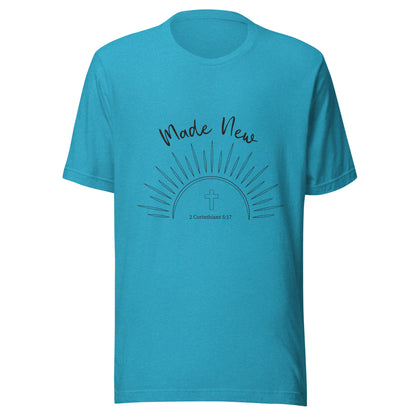 Heather aqua short sleeve unisex t-shirt with a Sun and rays below the words 'Made New' and inside the sun is a cross and 2 Corinthians 5:17.