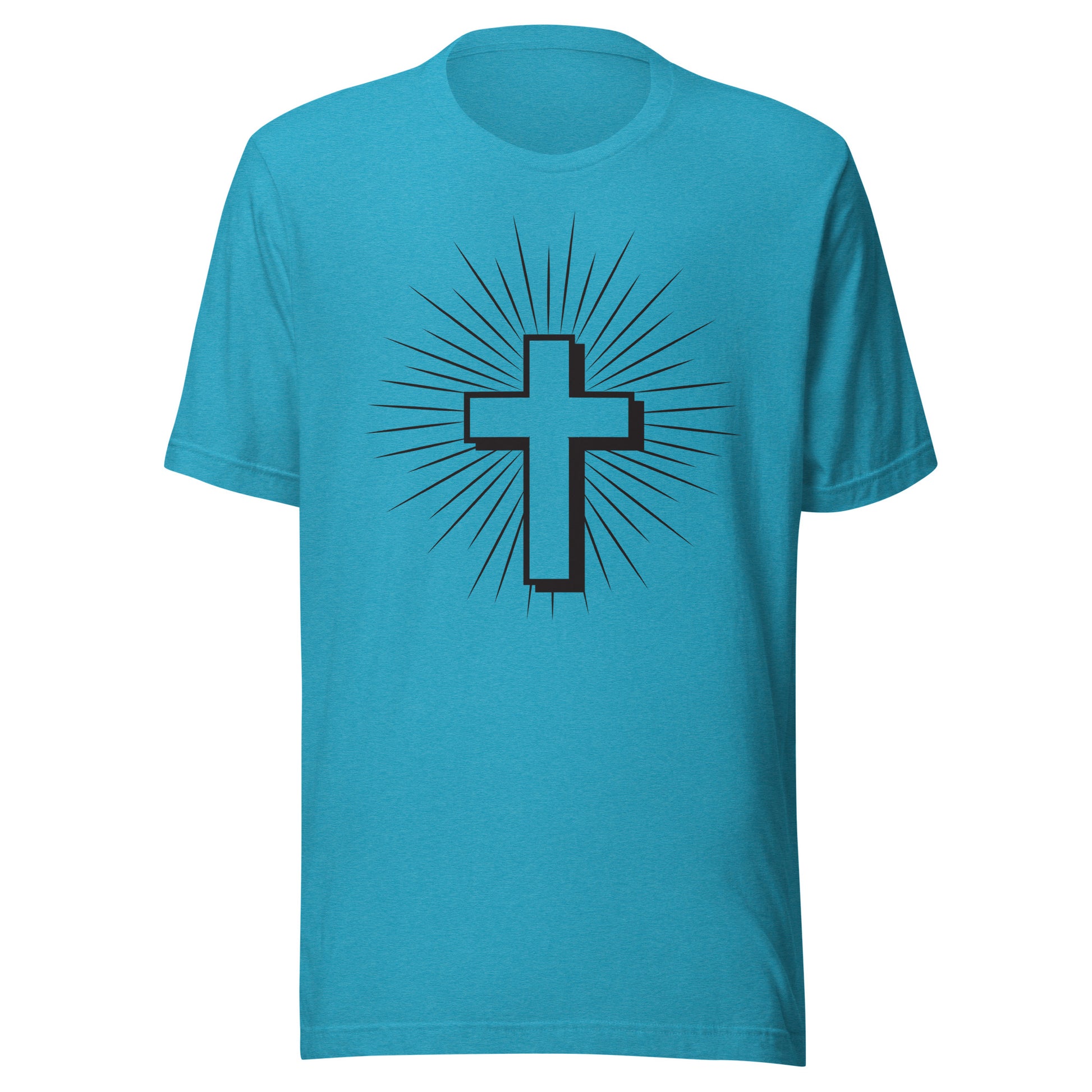 Christian Cross with Sun Rays on a short sleeve heather aqua Unisex T-Shirt.