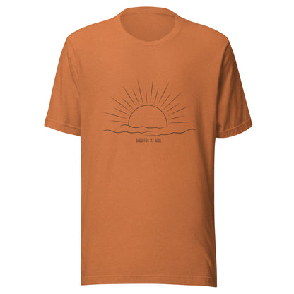 Heather autumn unisex short sleeve t-shirt that states 'Good for my soul' with a sunsetting above the words all in black color.