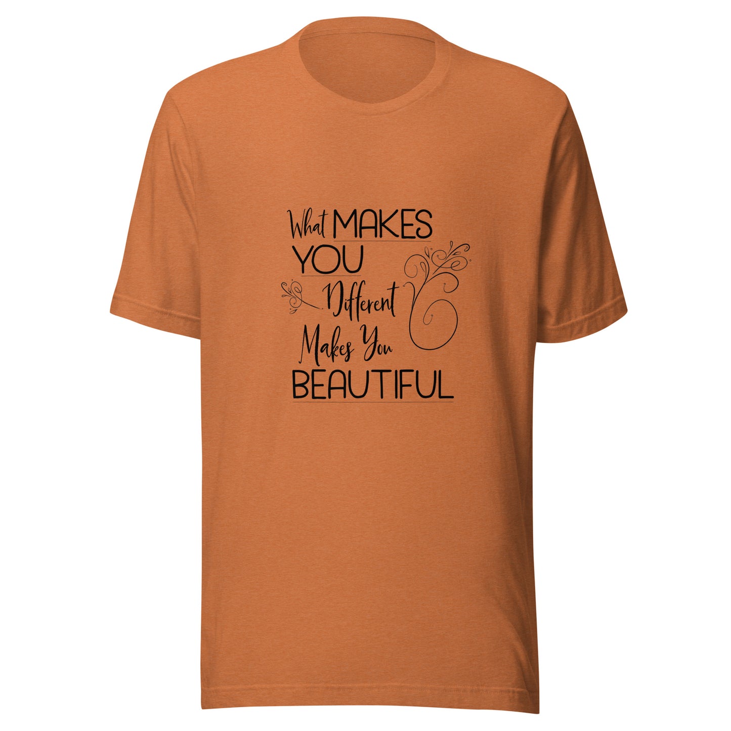 Heather autumn unisex short sleeve t-shirt that states 'What makes you different makes you beautiful'.