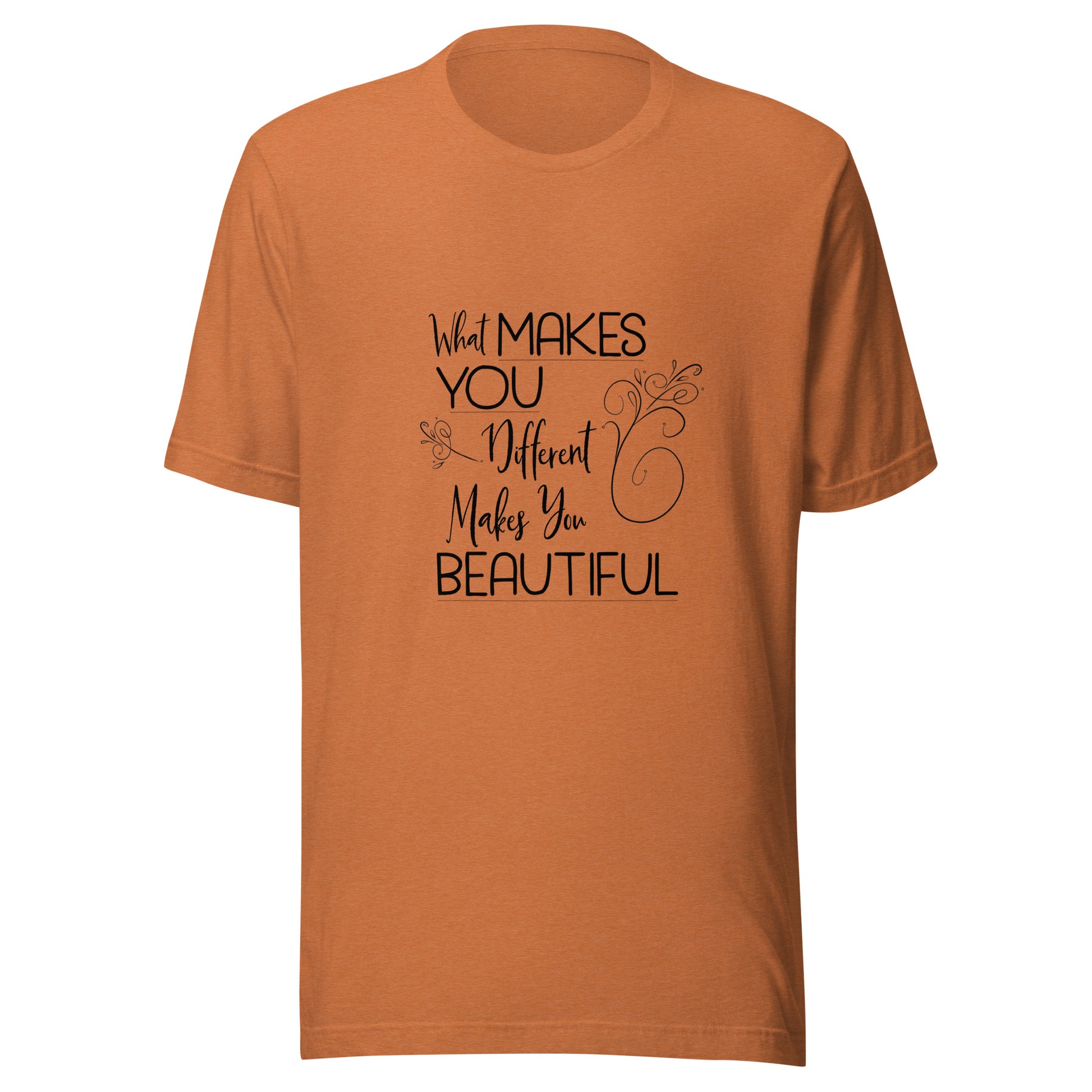 Heather autumn unisex short sleeve t-shirt that states 'What makes you different makes you beautiful'.