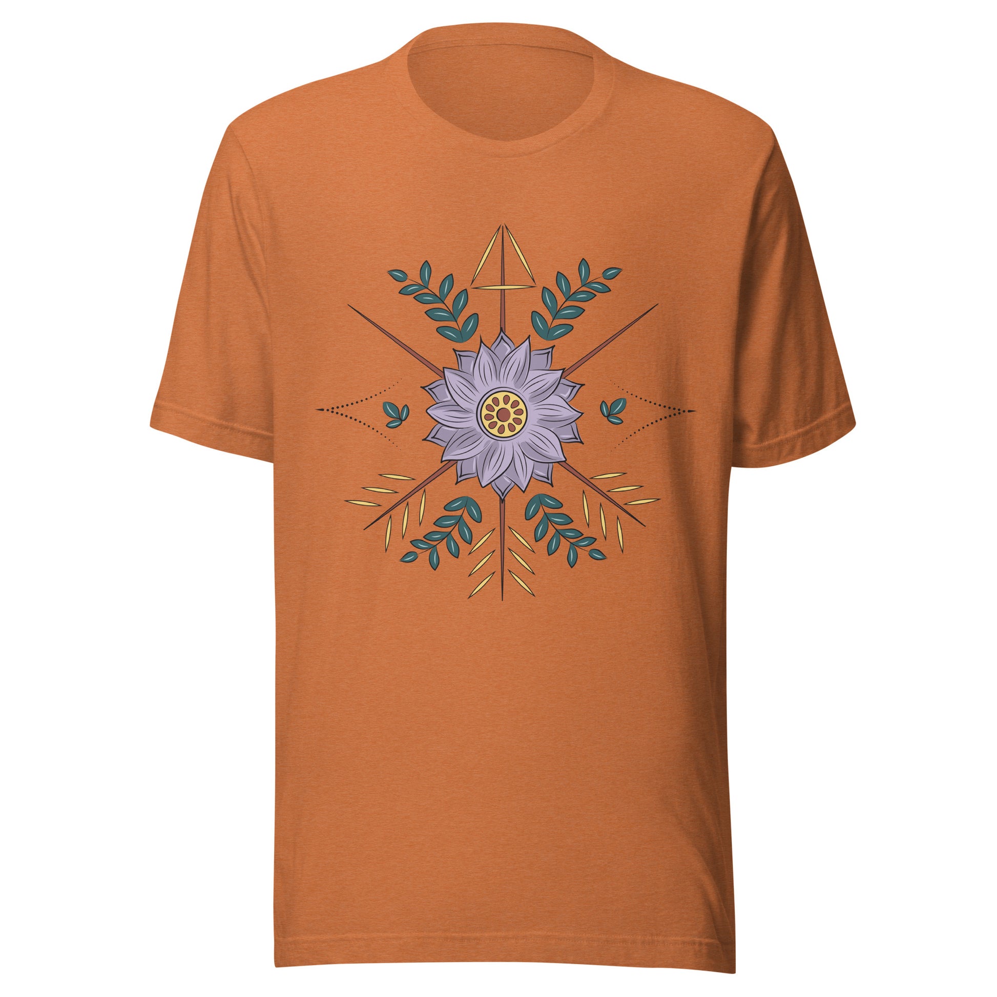 Heather autumn unisex short sleeve t-shirt with a purple flower with arrow surrounding it.