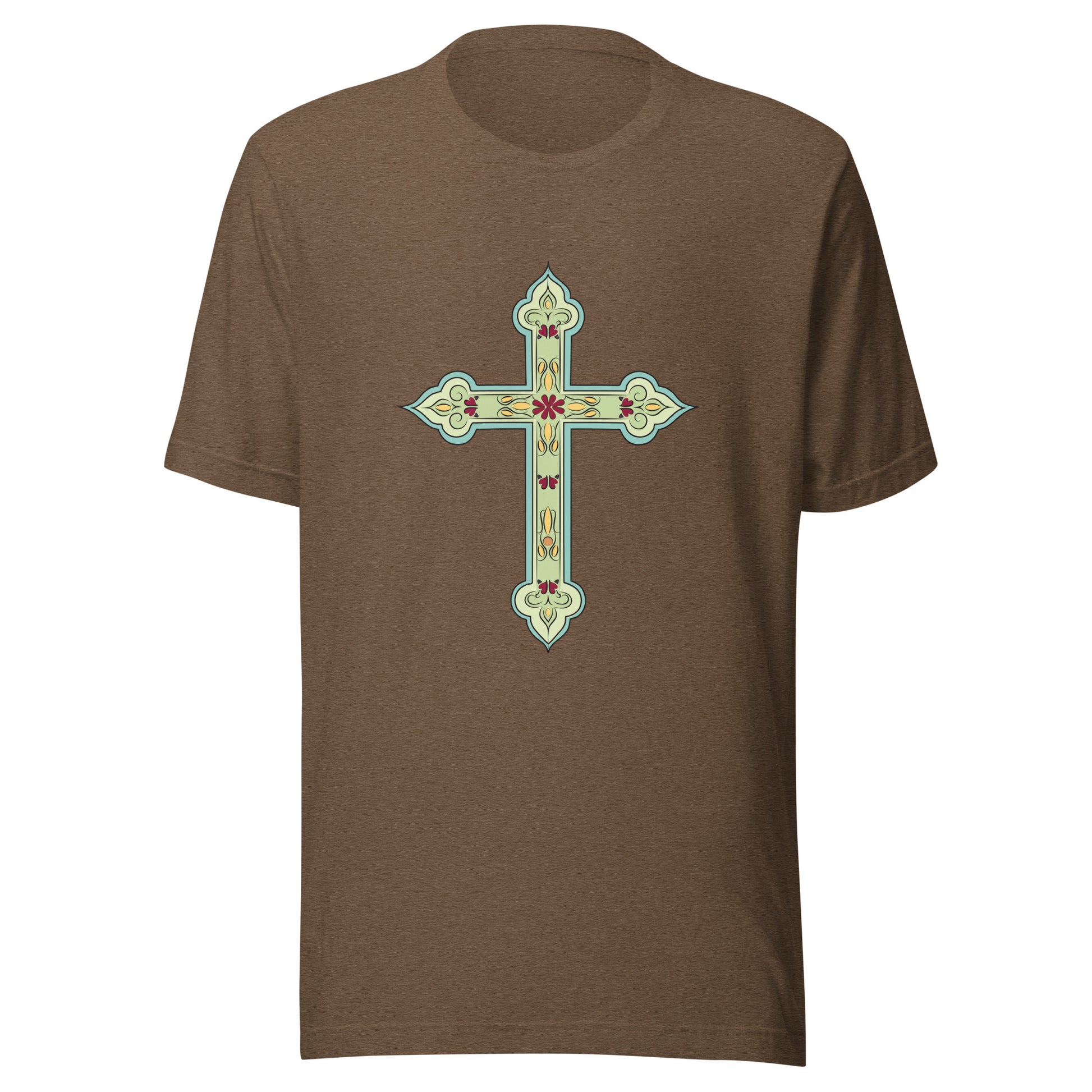 Heather brown short sleeve unisex tee ornately decorated colored Christian Cross. 