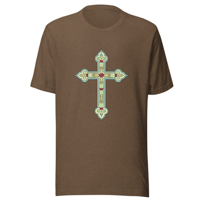 Heather brown short sleeve unisex tee ornately decorated colored Christian Cross. 