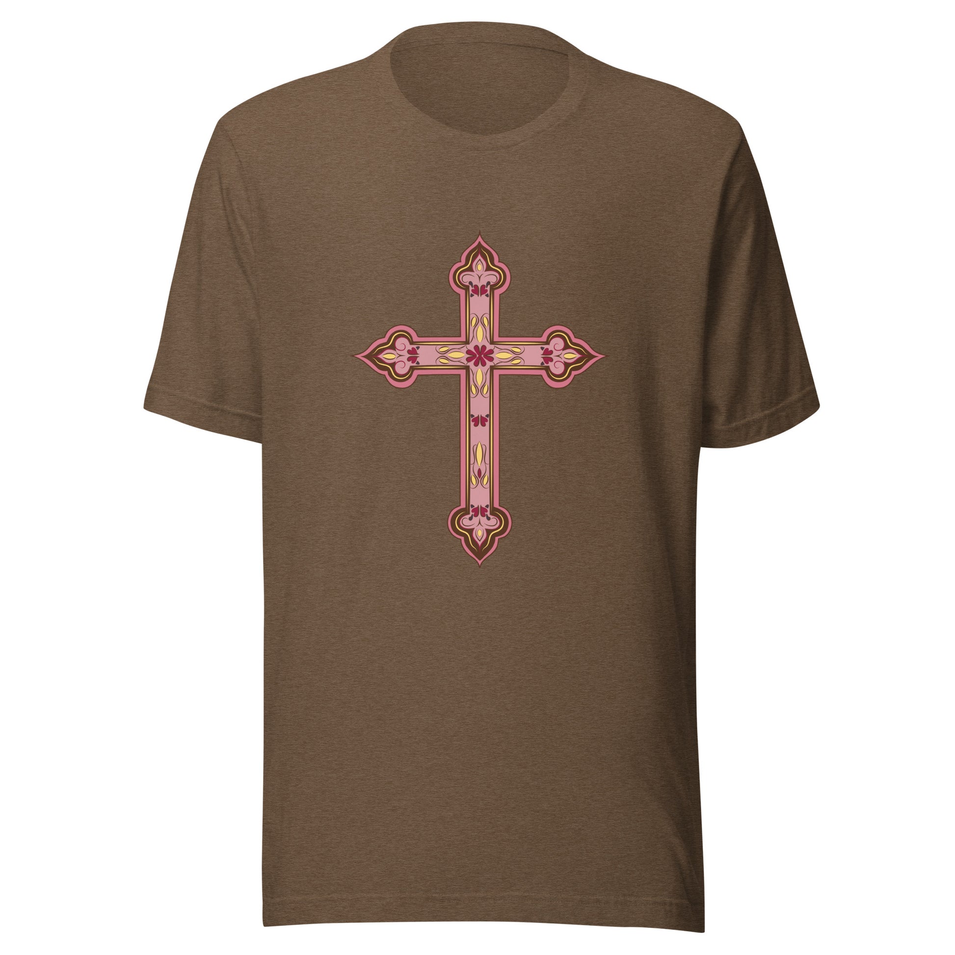 Heather brown short sleeve unisex tee ornately decorated colored Christian Cross. 