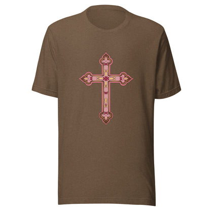 Heather brown short sleeve unisex tee ornately decorated colored Christian Cross. 