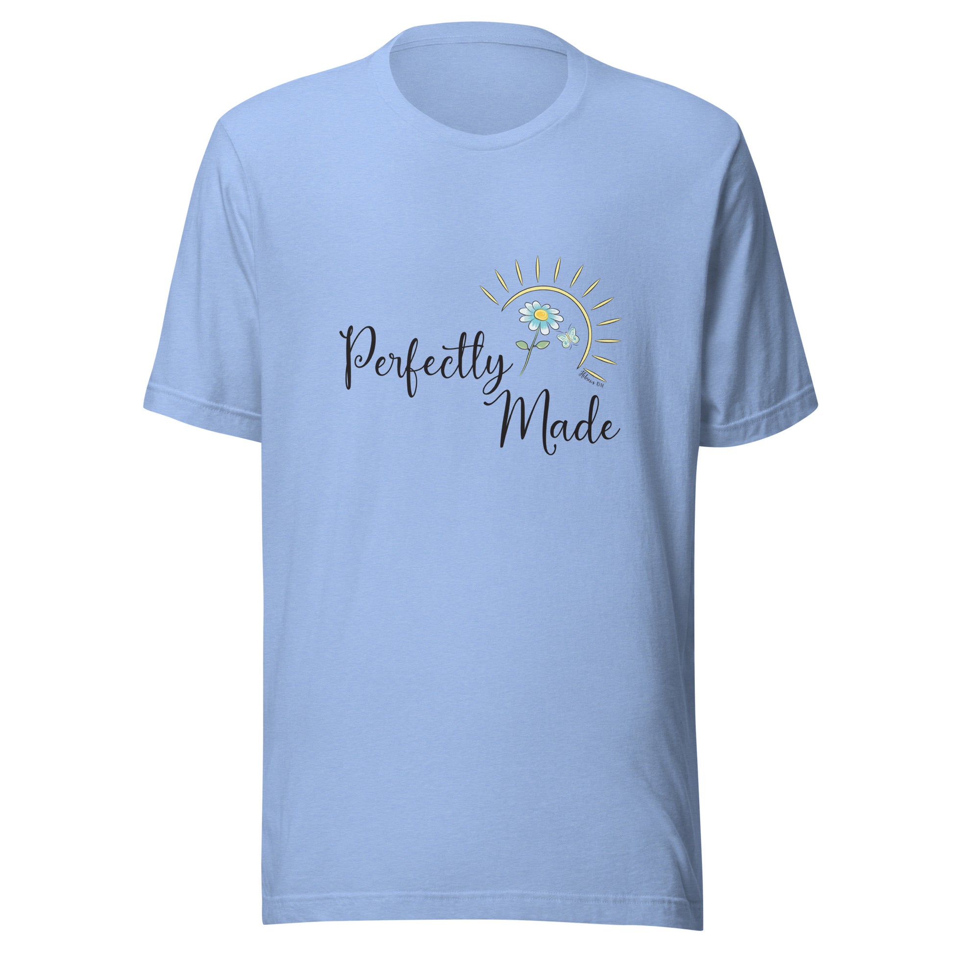 Heather blue unisex short sleeve t-shirt that says Perfectly Made with a flower butterfly and sun.