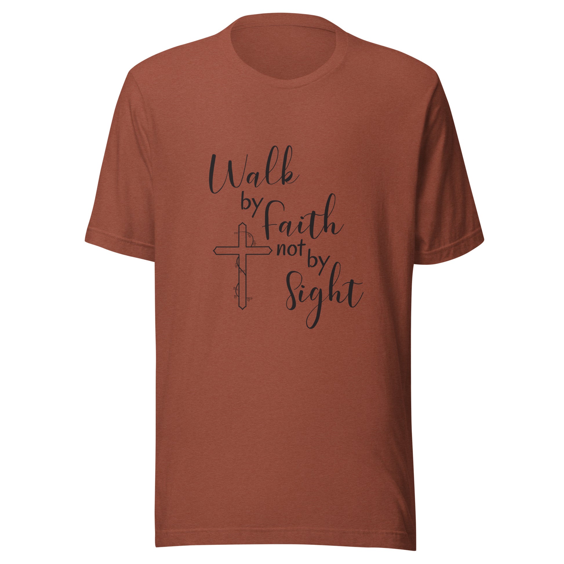 Heather clay unisex short sleeve t-shirt that says Walk by faith not by sight and has a cross with ivy. 