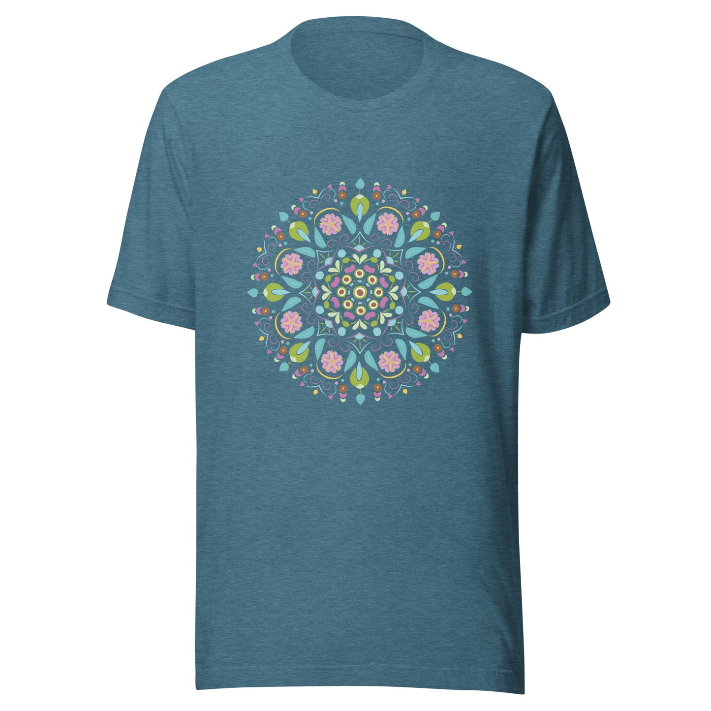 Heather deep teal unisex short sleeve  t-shirt with a Scandanavian style mandala multi-colored.