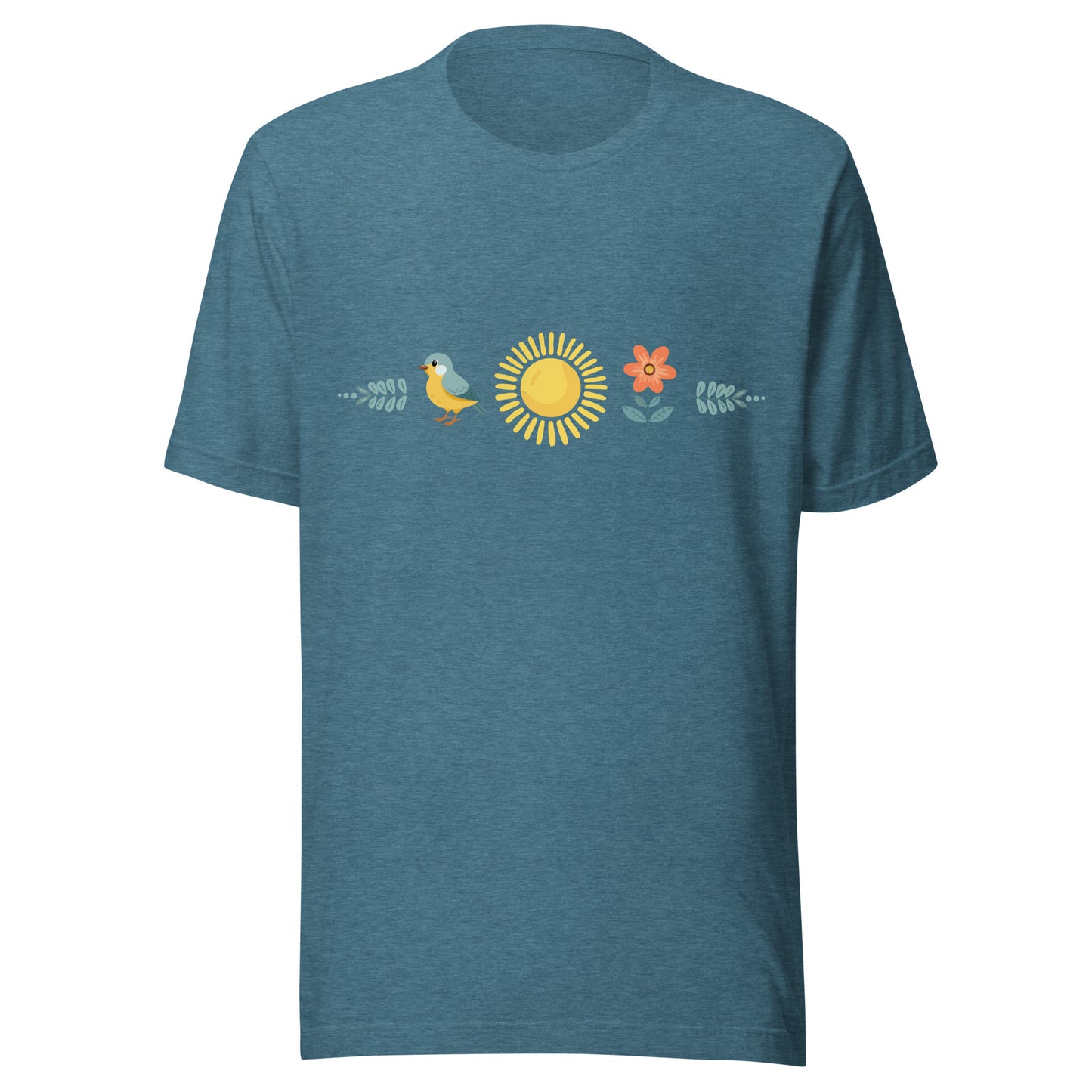 Heather deep teal unisex t-shirt with a sun in the middle with a bird on one side and a flower on the other.
