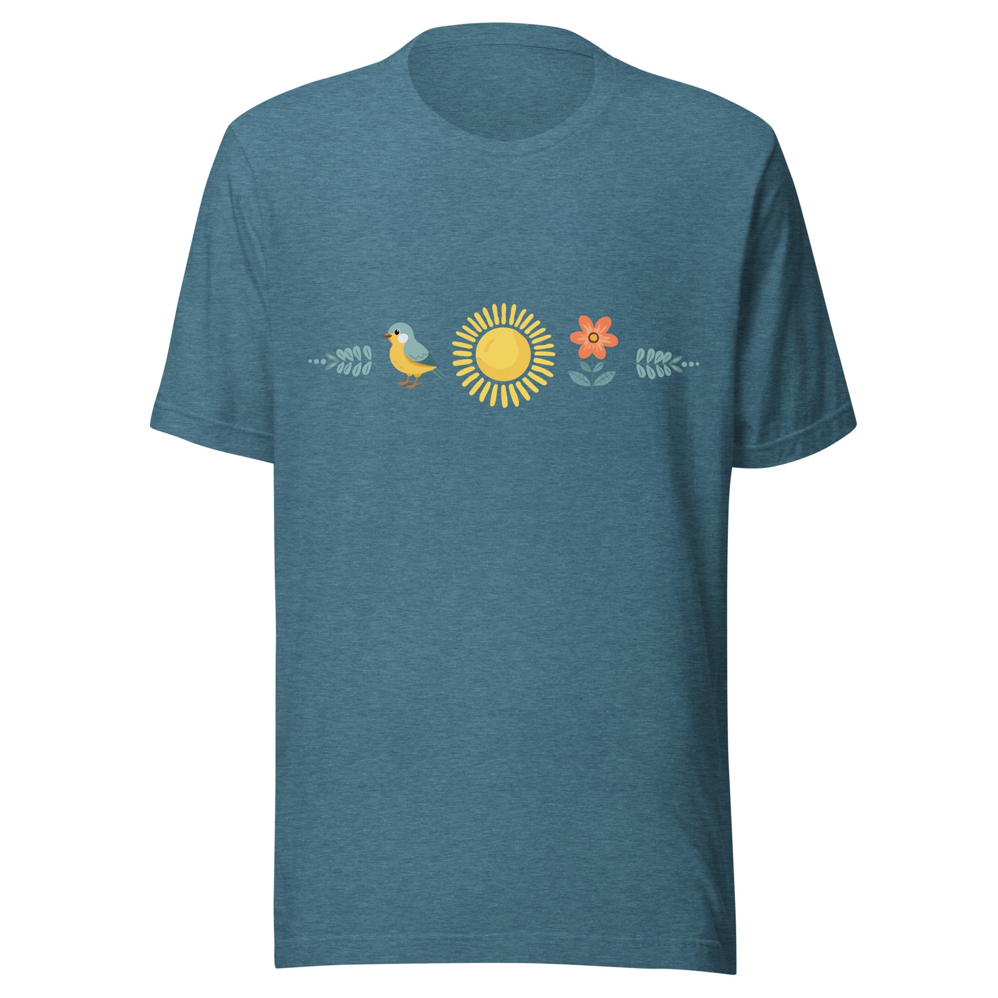 Heather deep teal unisex t-shirt with a sun in the middle with a bird on one side and a flower on the other.