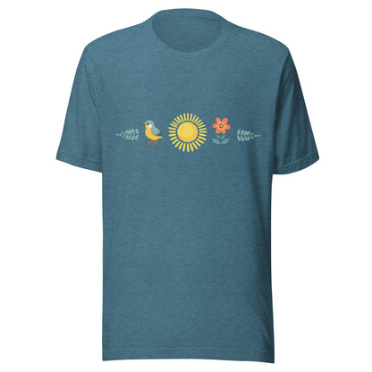 Heather deep teal unisex t-shirt with a sun in the middle with a bird on one side and a flower on the other.