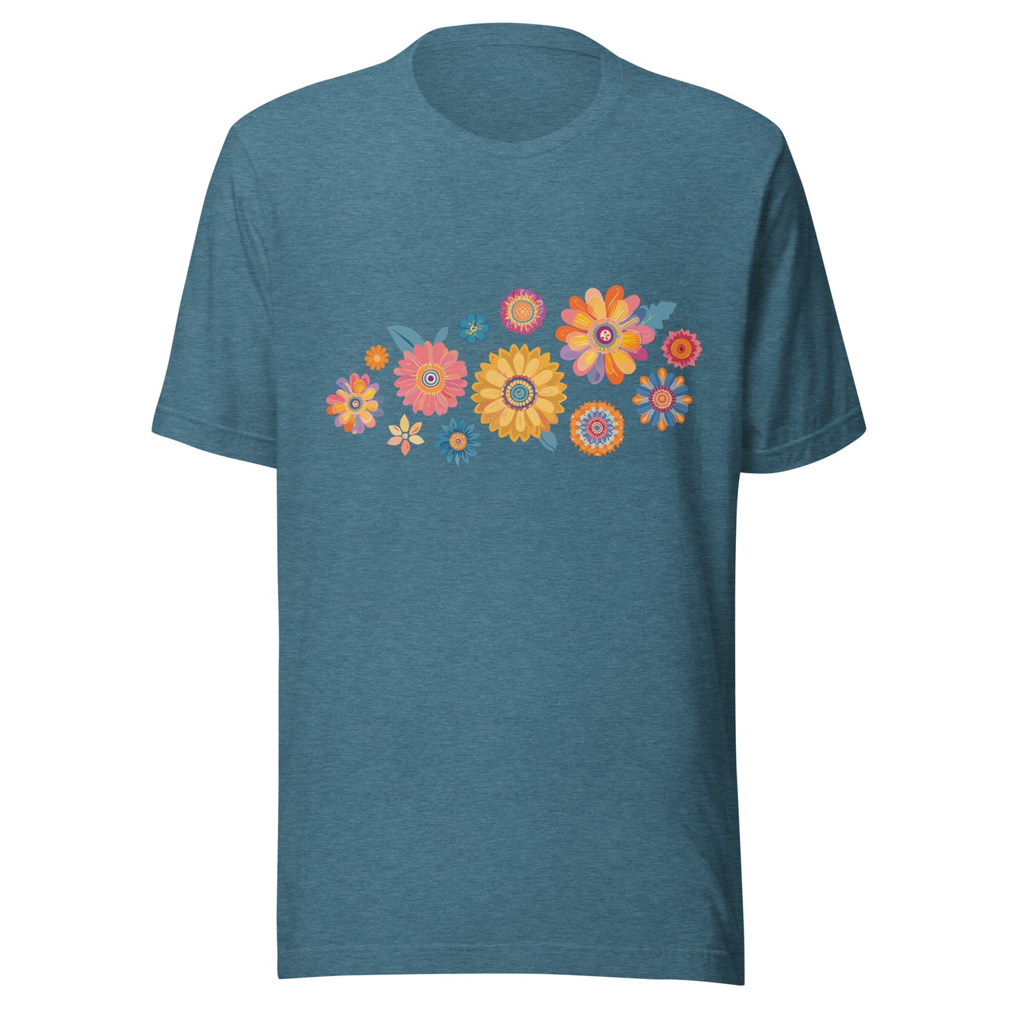 Heather deep teal short sleeve unisex t-shirt with groovy retro flowers tossed on the front. 