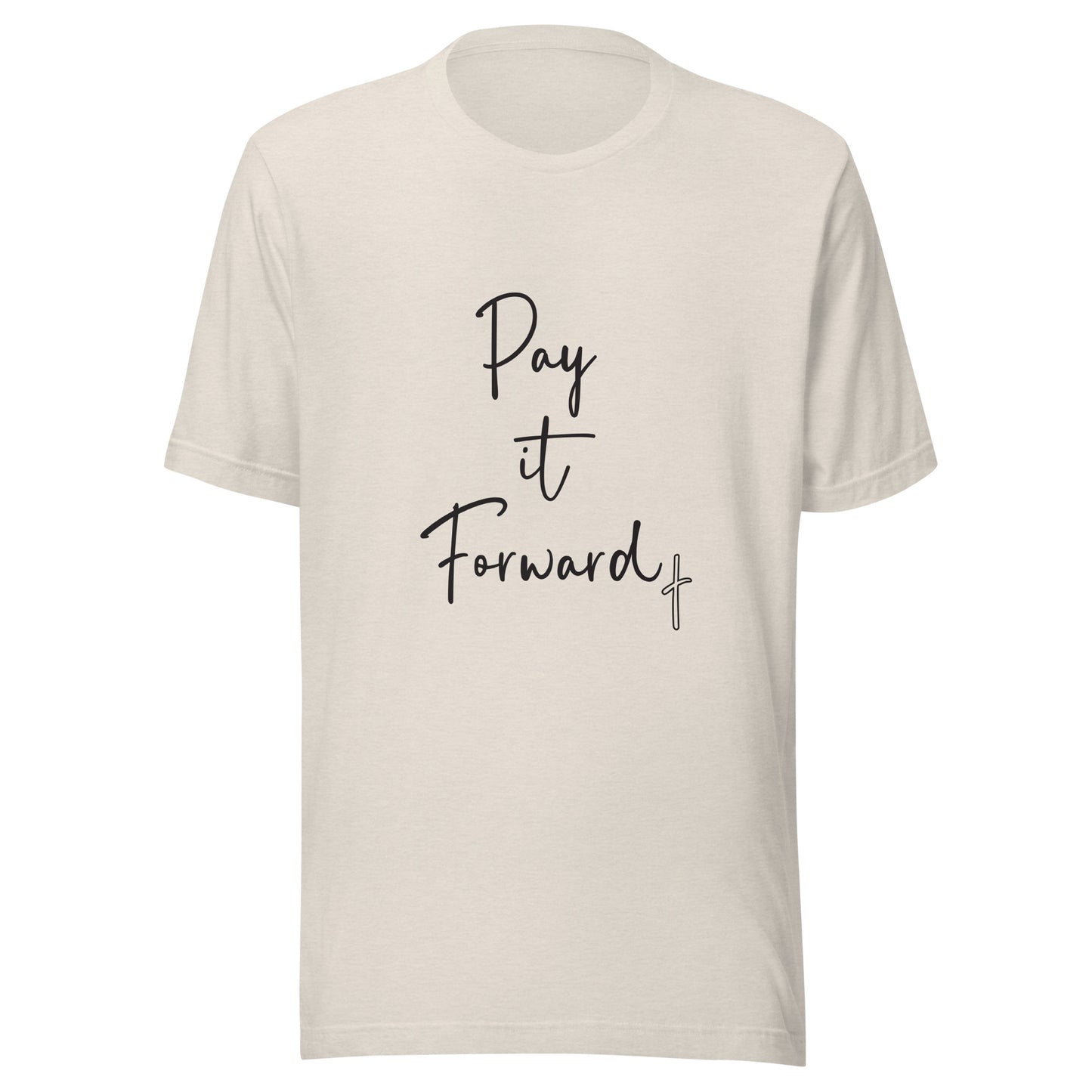 Heather dust unisex short sleeve t-shirt that says Pay if Forward with a small cross.