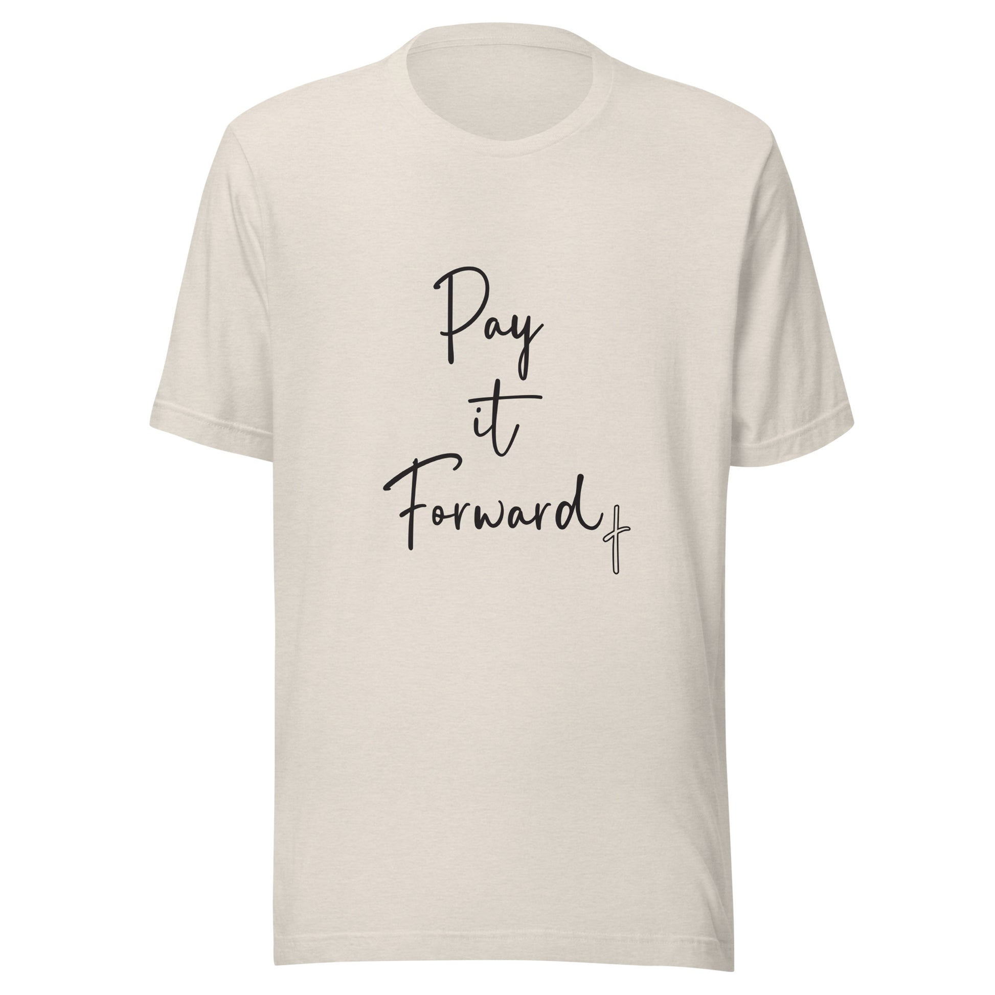 Heather dust unisex short sleeve t-shirt that says Pay if Forward with a small cross.