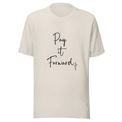 Heather dust unisex short sleeve t-shirt that says Pay if Forward with a small cross.