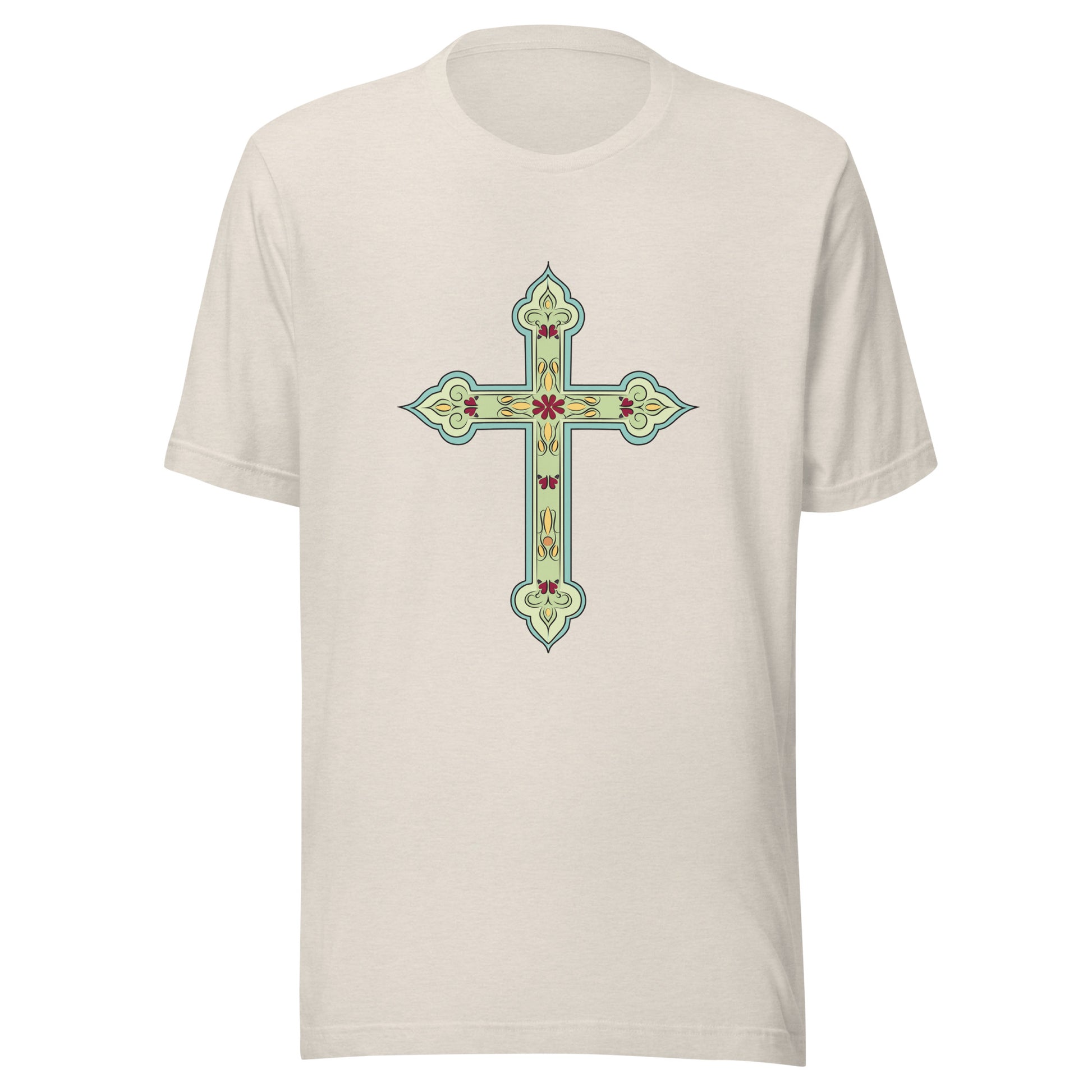 Heather dust short sleeve unisex tee ornately decorated colored Christian Cross. 