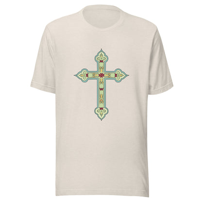 Heather dust short sleeve unisex tee ornately decorated colored Christian Cross. 