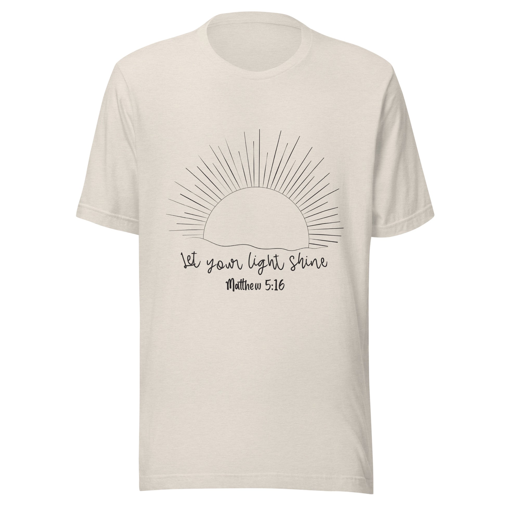 Heather dust unisex short sleeve t-shirt that has a sun with many rays and underneath says 'Let your light shine', Matthew 5:16.