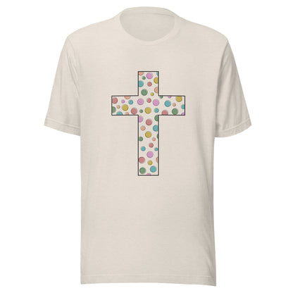 Heather dust unisex short sleeve t-shirt that has a multi-colored polka dot cute cross on the front. 