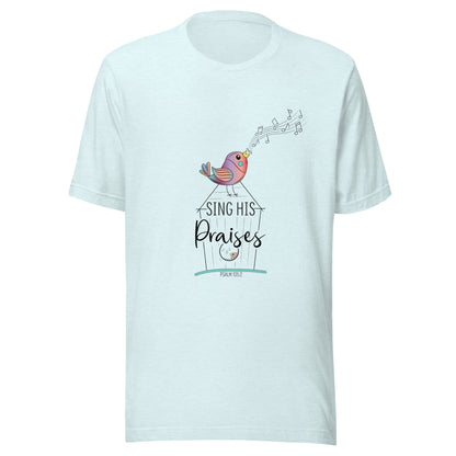 Heather ice blue short sleeve unisex tee with a multi-colored bird with musical notes on a black inked birdhouse that says Sing His Praises.