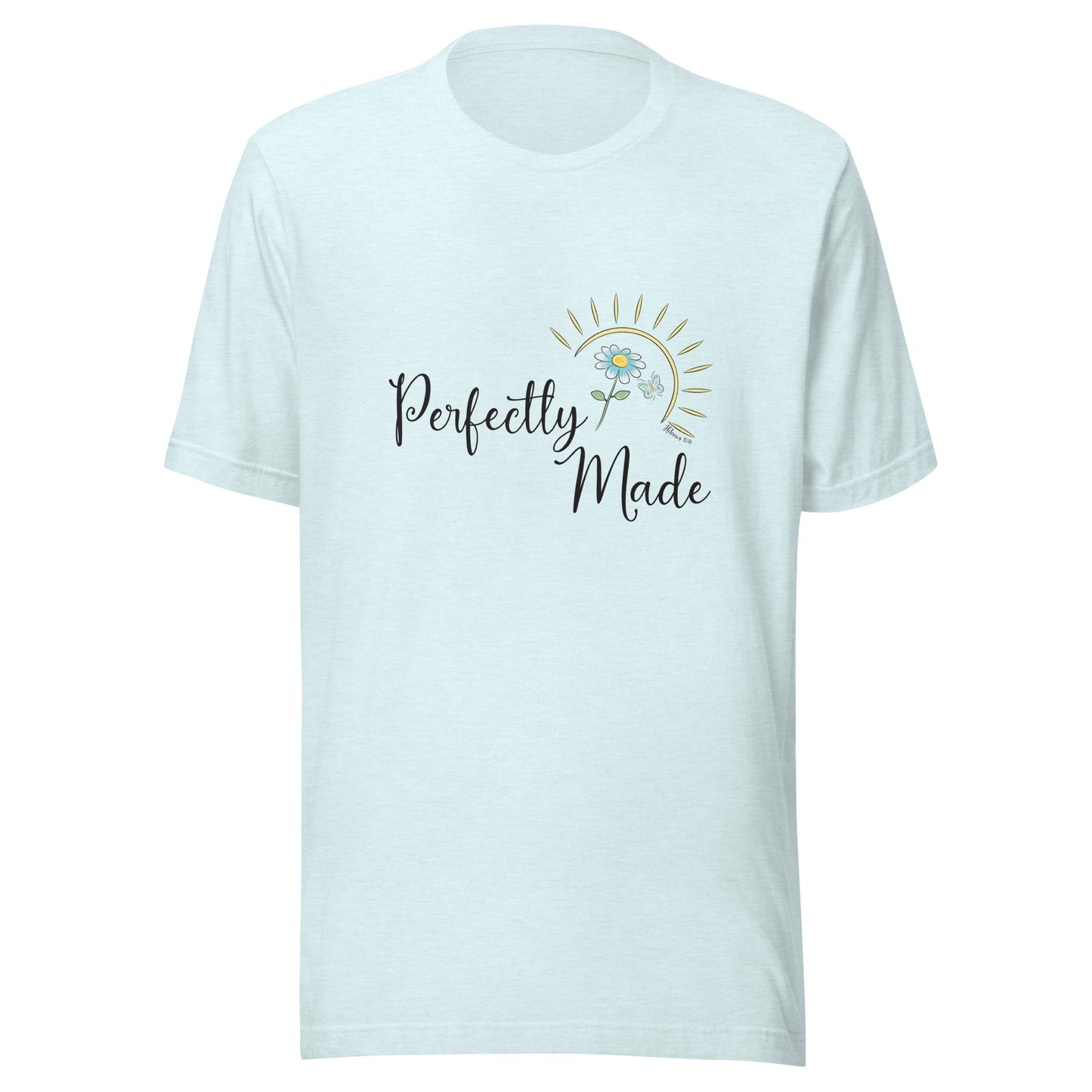 Heather ice blue unisex short sleeve t-shirt that says Perfectly Made with a flower butterfly and sun.