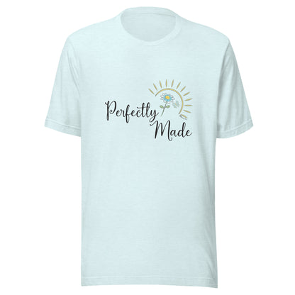 Heather ice blue unisex short sleeve t-shirt that says Perfectly Made with a flower butterfly and sun.