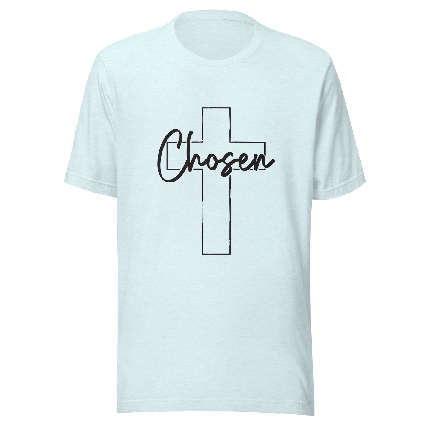 Heather ice blue unisex short sleeve t-shirt that has a Christian cross and has the word chosen acrossed it. 