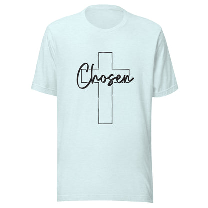 Heather ice blue unisex short sleeve t-shirt that has a Christian cross and has the word chosen acrossed it. 