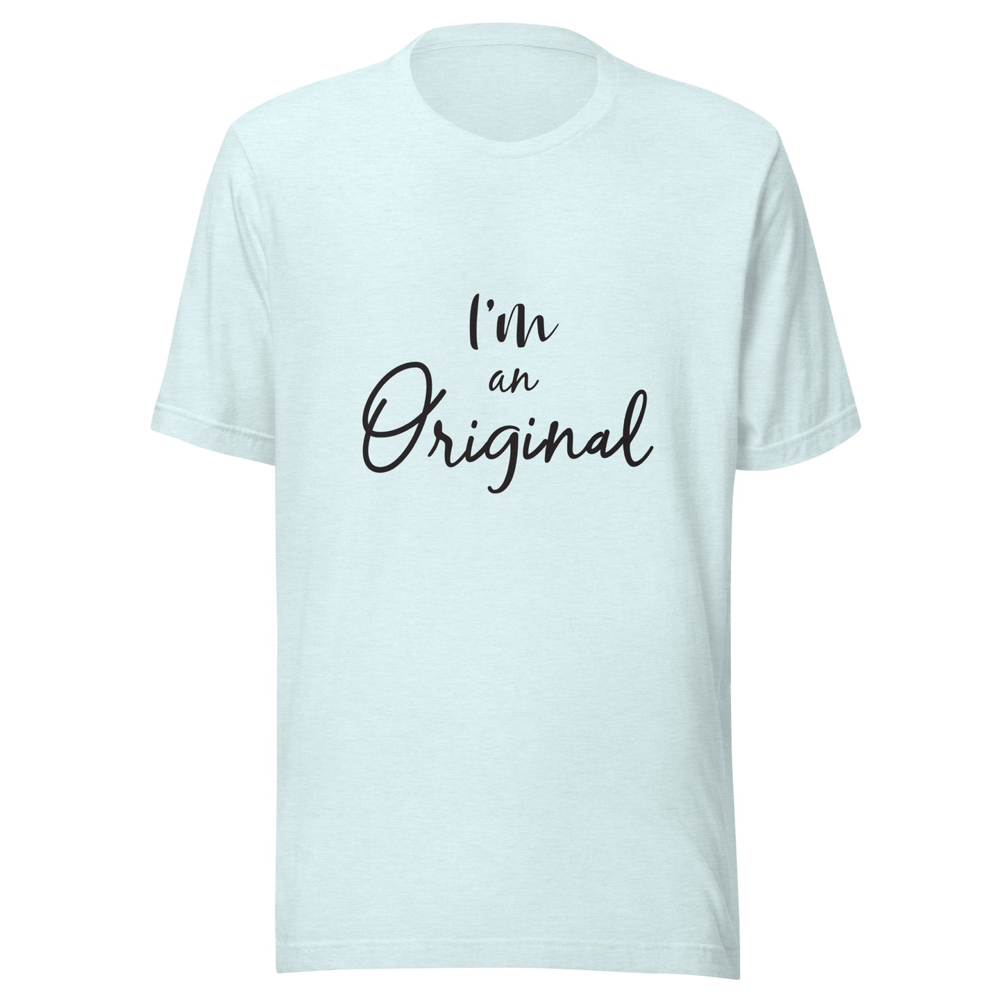 Heather ice blue unisex short sleeve t-shirt that states 'I'm an Original'.