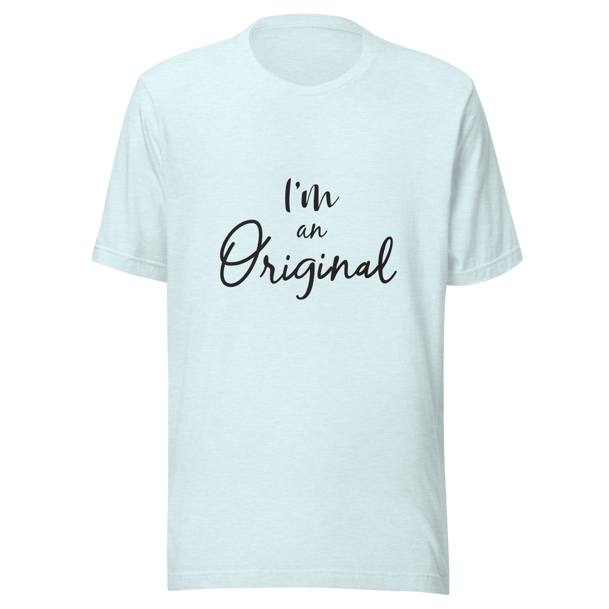 Heather ice blue unisex short sleeve t-shirt that states 'I'm an Original'.