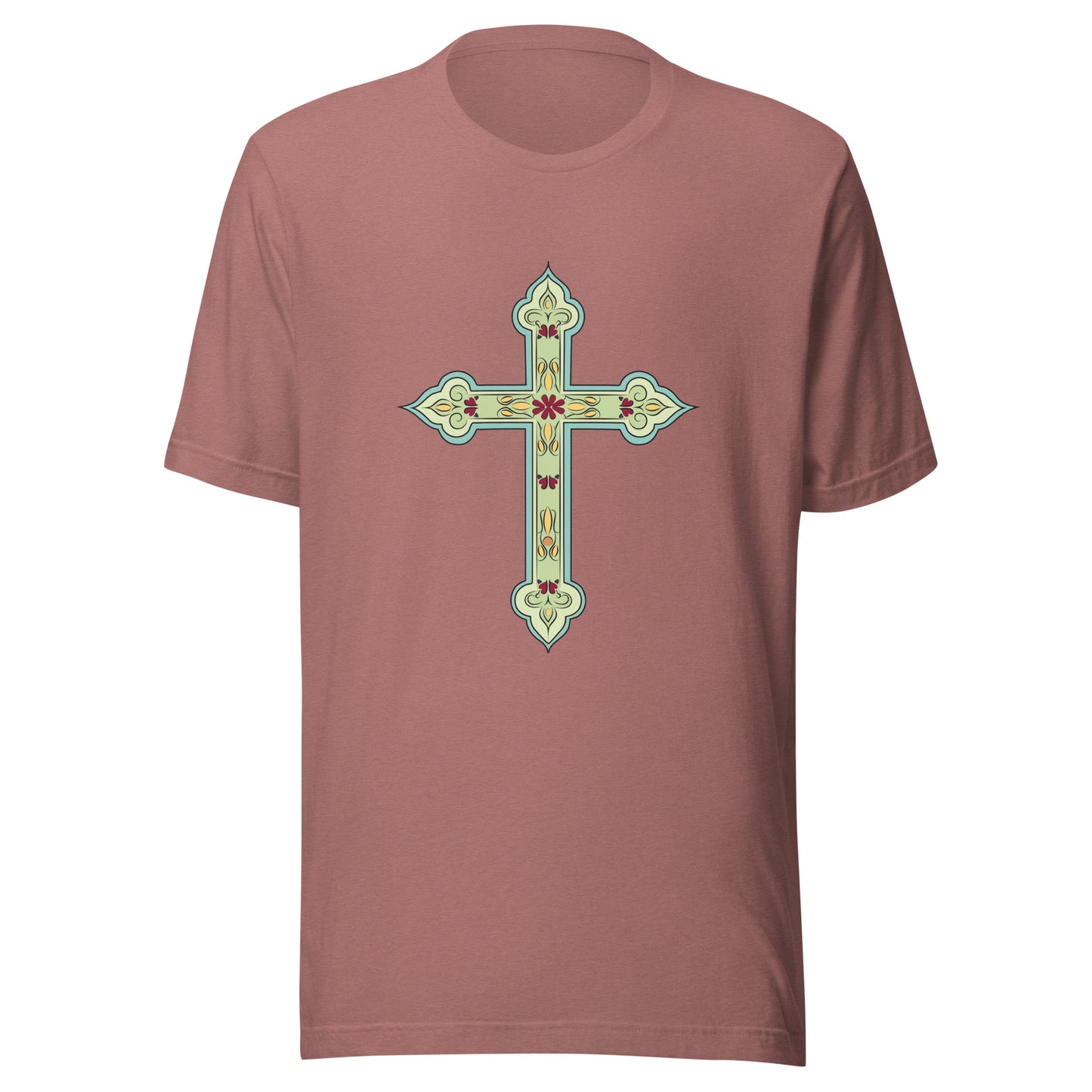 Heather mauve short sleeve unisex tee ornately decorated colored Christian Cross. 